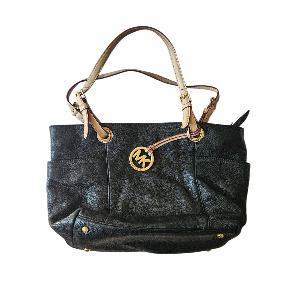 MICHAEL MICHAEL KORS Tote Bag Black Saffiano Leather Gold Tone MK Charm Purse